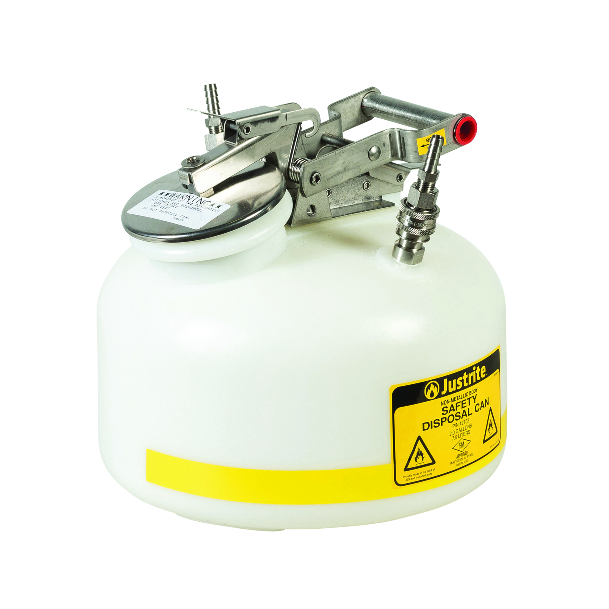 Justrite Quick-Disconnect Disposal Safety Can — 2 Gallons, Polyethylene, Stainless Steel Fittings, Model# TF12752